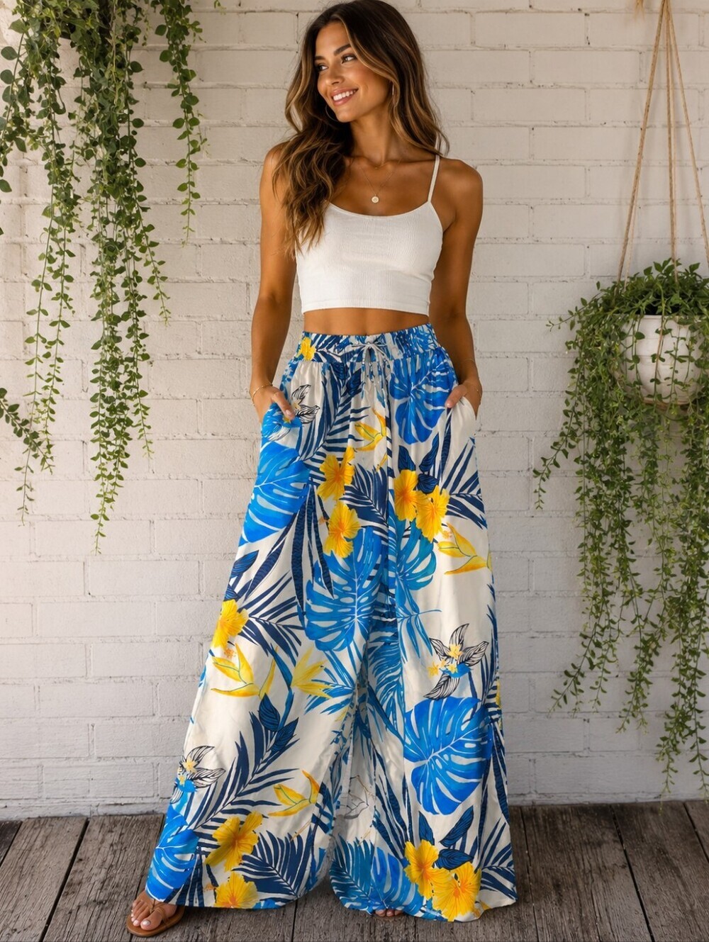 MISS INNOCENT TROPICAL WIDE LEG PALAZZO PANTS YELLOW BLUE WHITE VACATION WEAR LG